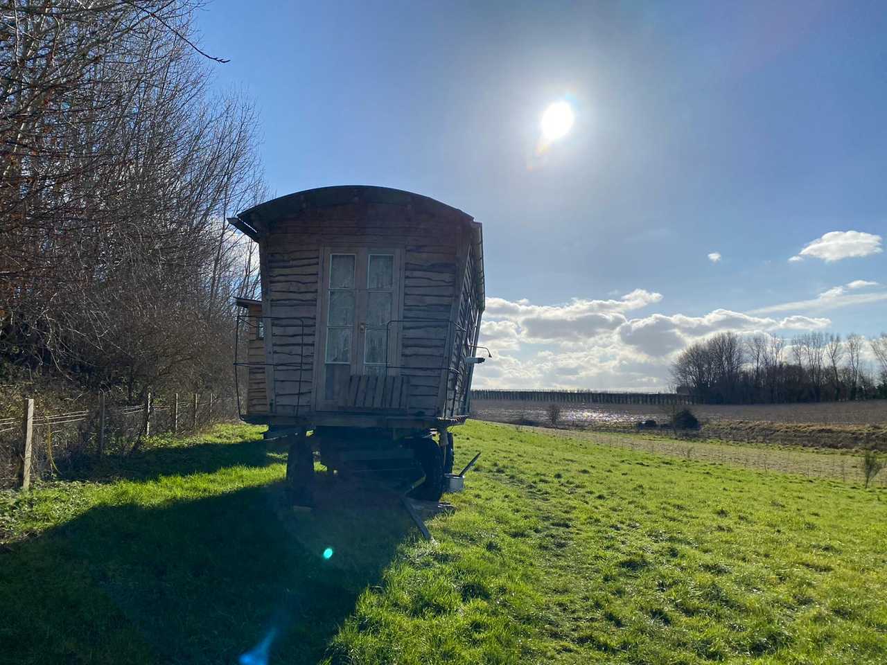 Hand-built wooden showperson's wagon on a veganic forest farm