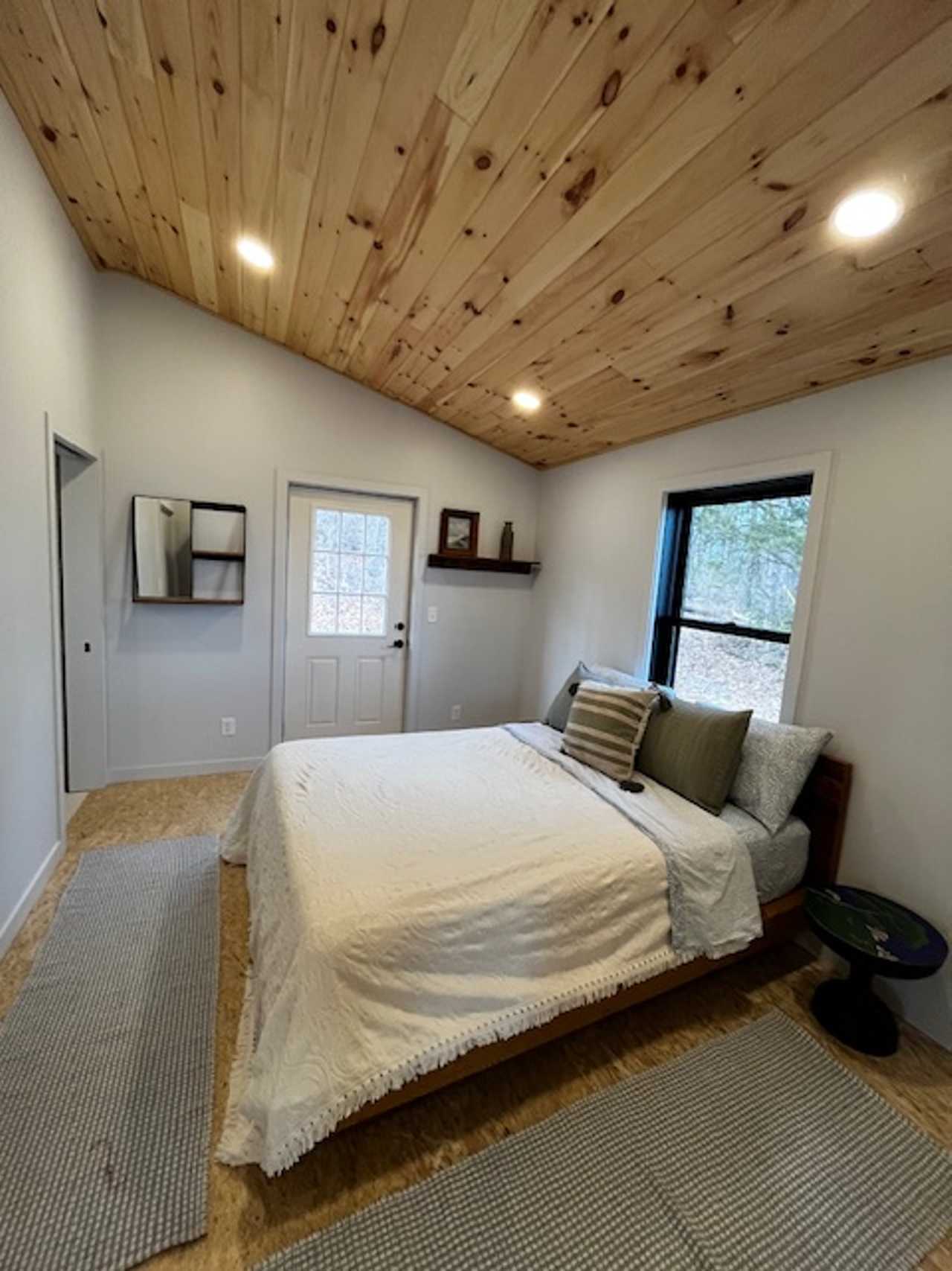 Forested Cabin with seasonal Lakeview situated on farm animal sanctuary grounds.