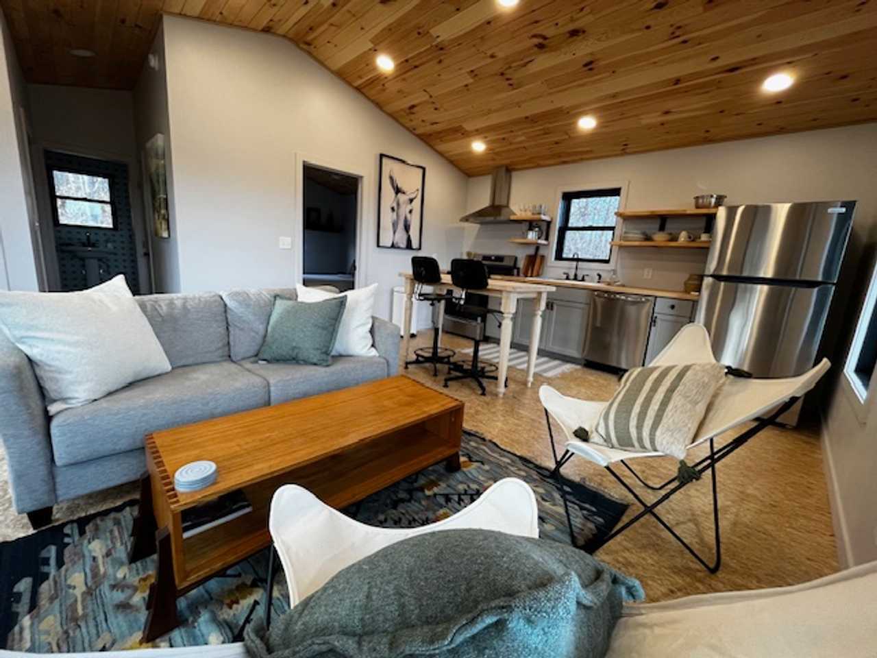 Forested Cabin with seasonal Lakeview situated on farm animal sanctuary grounds.